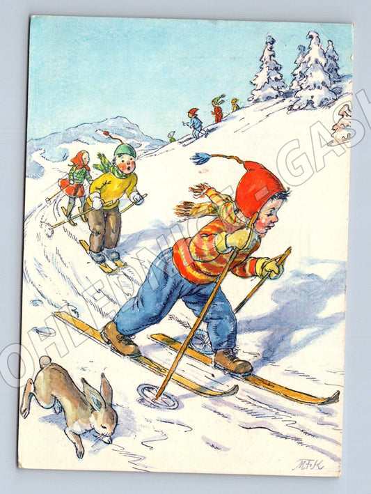 Pohlednice Humor lyžování králík děti 1975 (M27558)