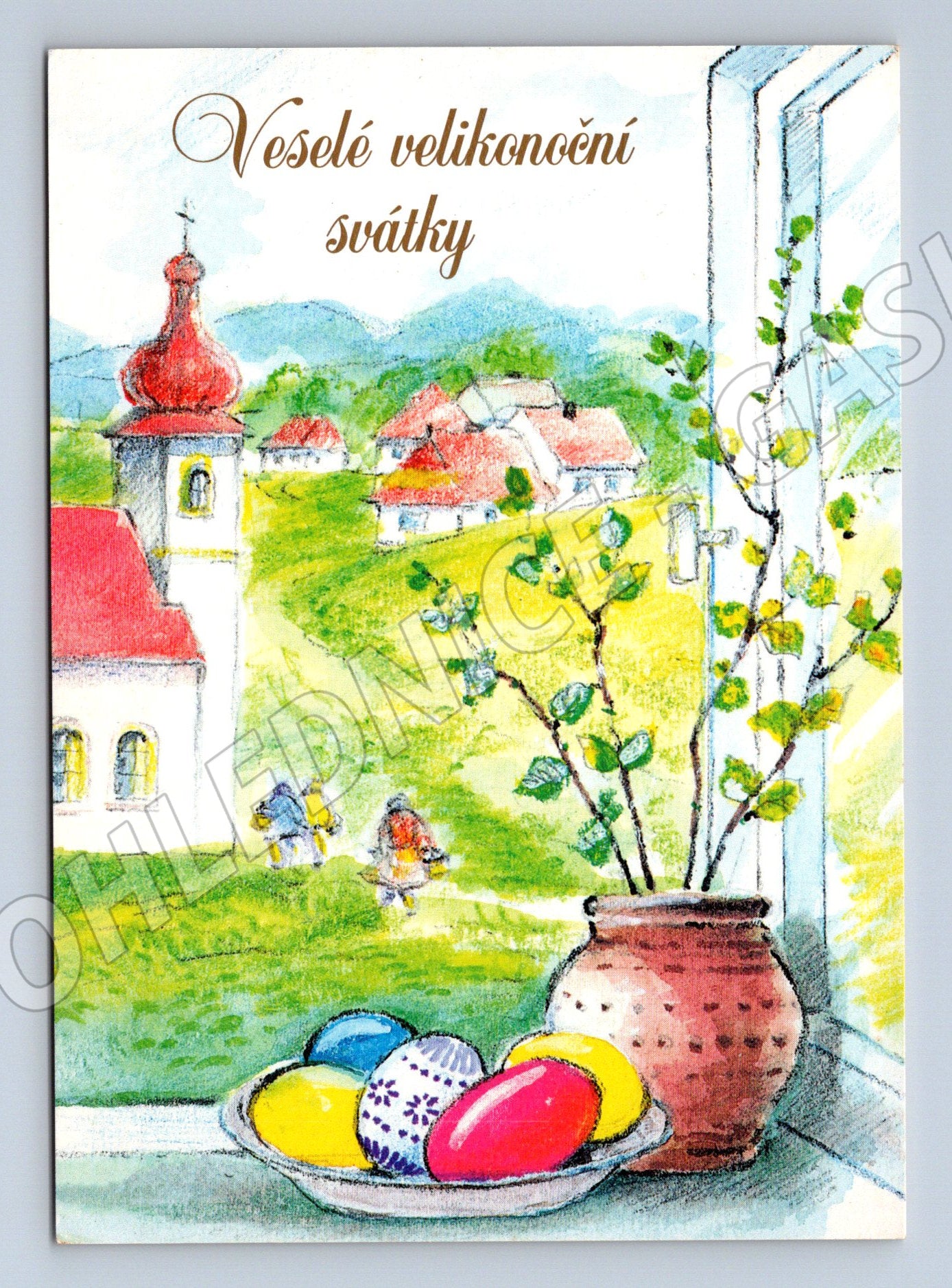 Pohlednice Velikonoční motiv kostel v krajině 1999 (M27602)