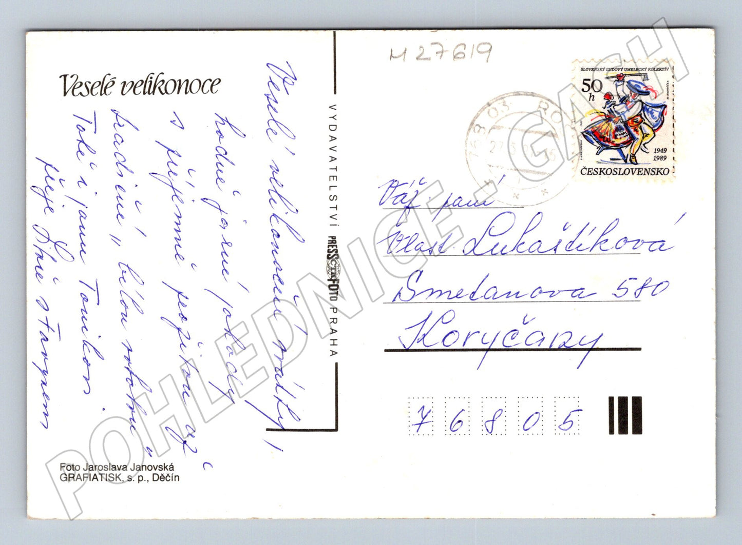 Pohlednice Velikonoční motiv chrastítko vajíčka 1989 (M27619)