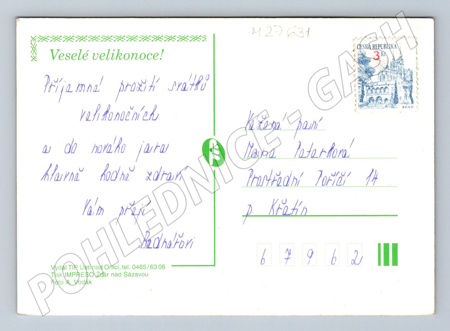 Pohlednice Velikonoční košík s vajíčky a květinami (M27631)