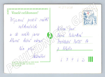 Pohlednice Velikonoční košík s vajíčky a květinami (M27631)
