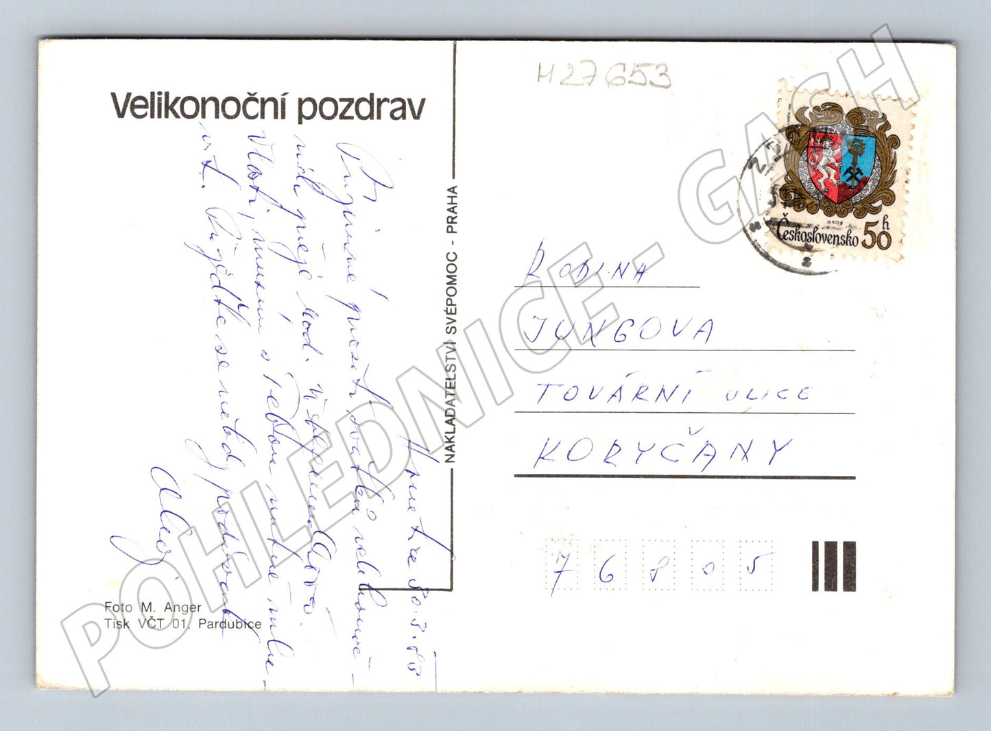 Pohlednice Velikonoční košík s kraslicemi a pečivem (M27653)