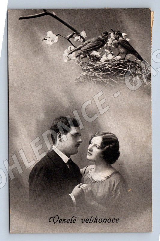 Postcard romantic couple and Easter birds (M2766)