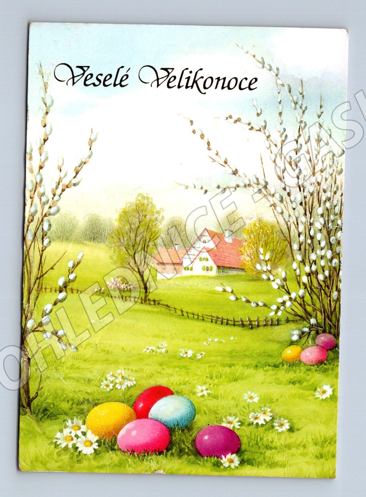 Pohlednice Velikonoce s domkem a vrbovými proutky 1996 (M27690)