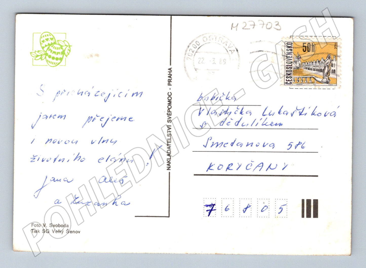 Pohlednice králík a tulipány 1989 (M27703)
