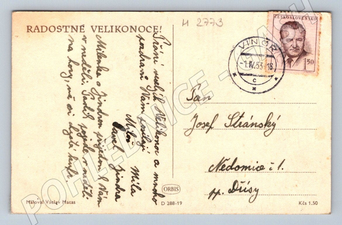Postcard of a duck in flight Václav Matas 1953 (M2773)