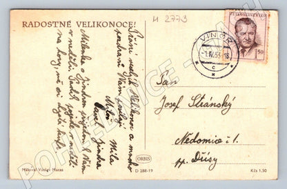 Postcard of a duck in flight Václav Matas 1953 (M2773)