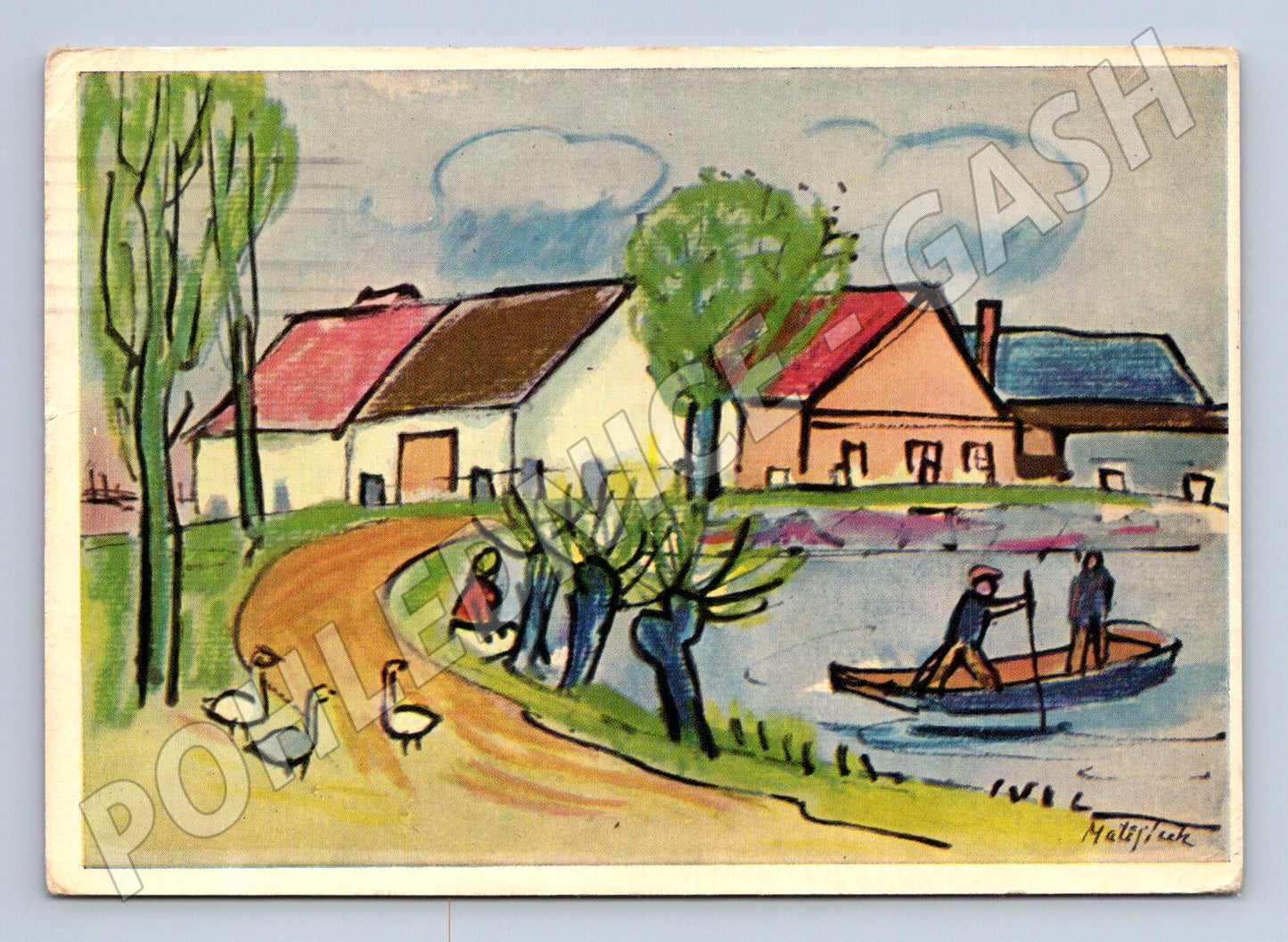 Pohlednice umělecká venkovská scéna Velikonoce 1965 (M27736)