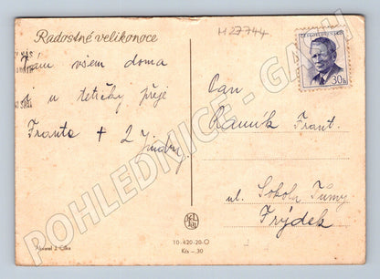 Pohlednice Velikonoční slepice a kočičky kolem 1950 (M27744)