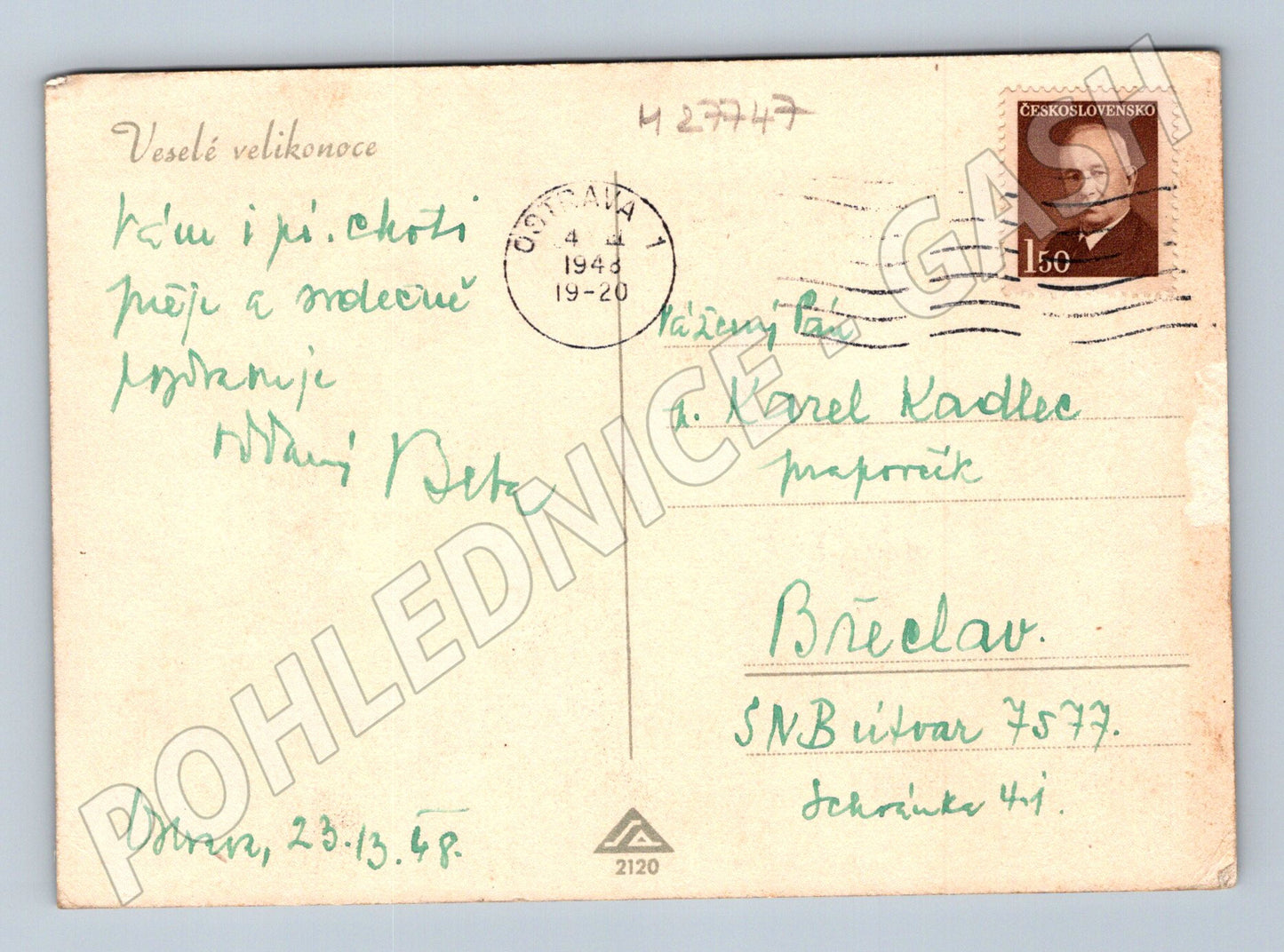 Pohlednice Velikonoce chlapec s vejci zajíc 1943 (M27747)