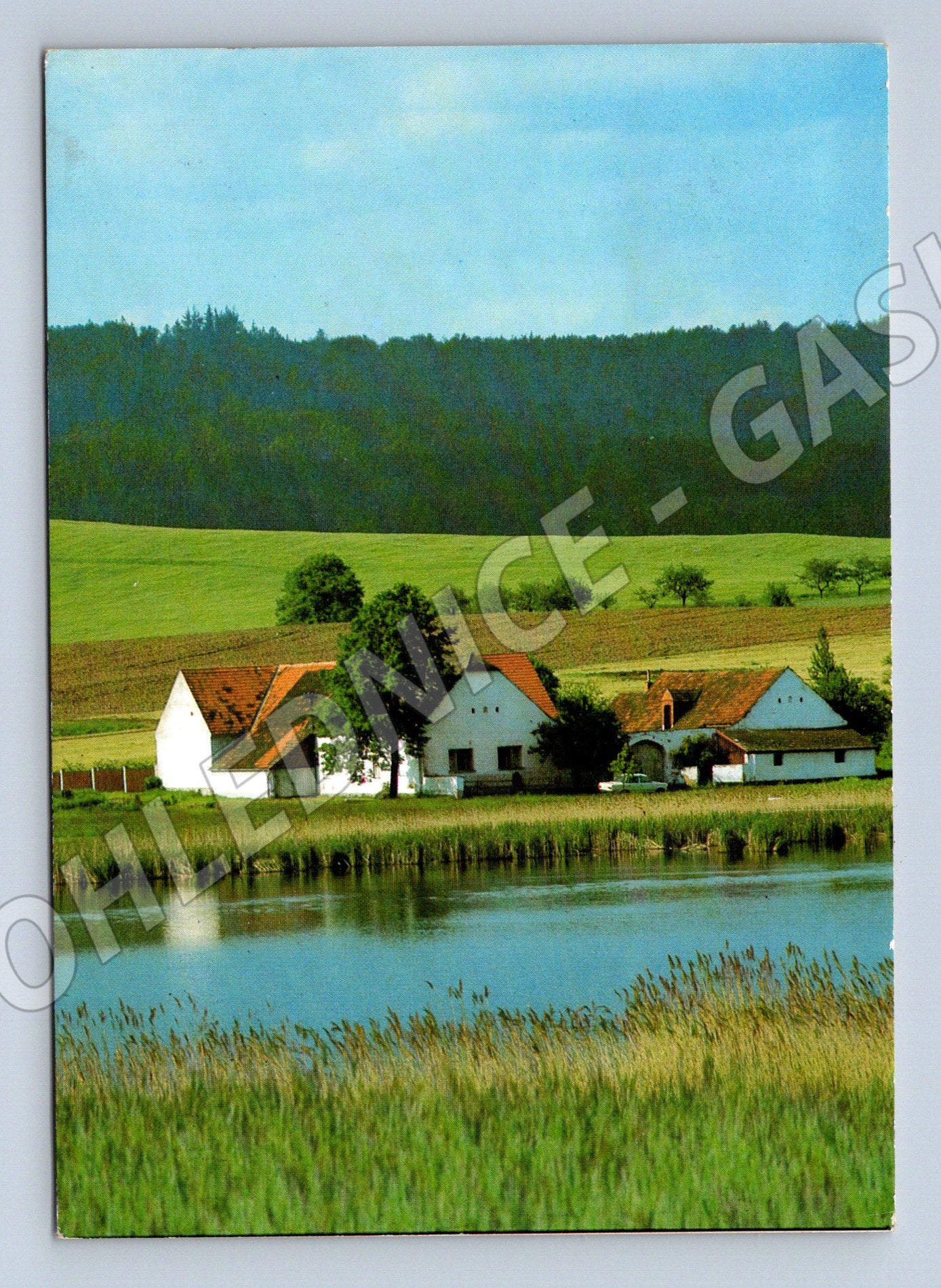 Pohlednice venkovská krajina s rybníkem a domky 1988 (M27753)