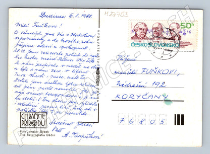 Pohlednice venkovská krajina s rybníkem a domky 1988 (M27753)