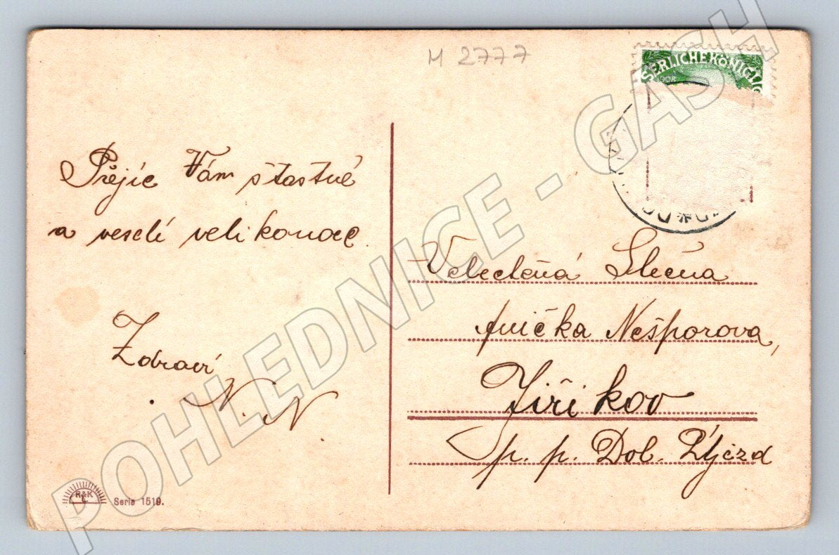 Postcard woman in traditional costume with Easter rooster (M2777)