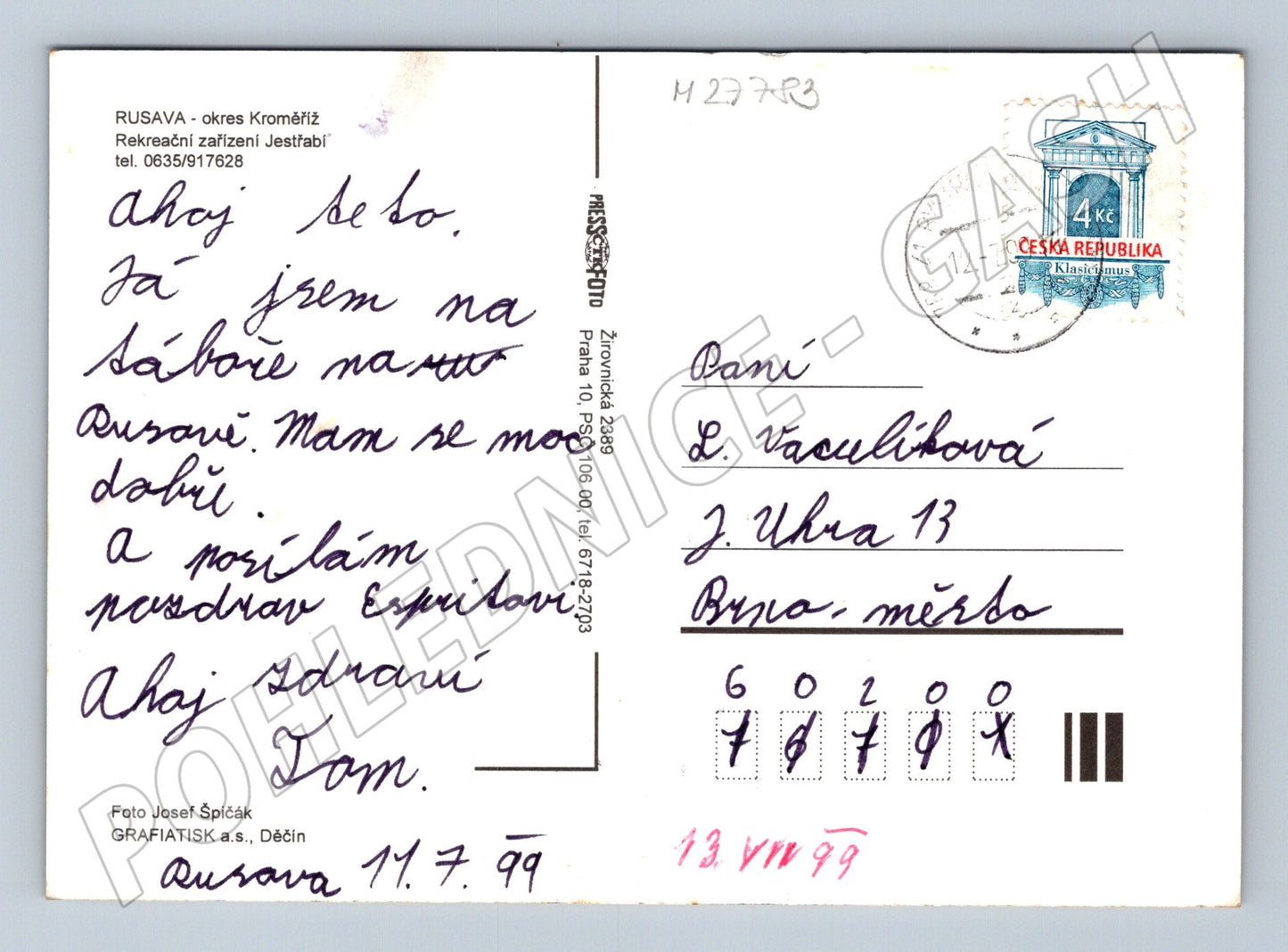 Pohlednice Rusava Jestřabí rekreační zařízení chata 1999 (M27783)