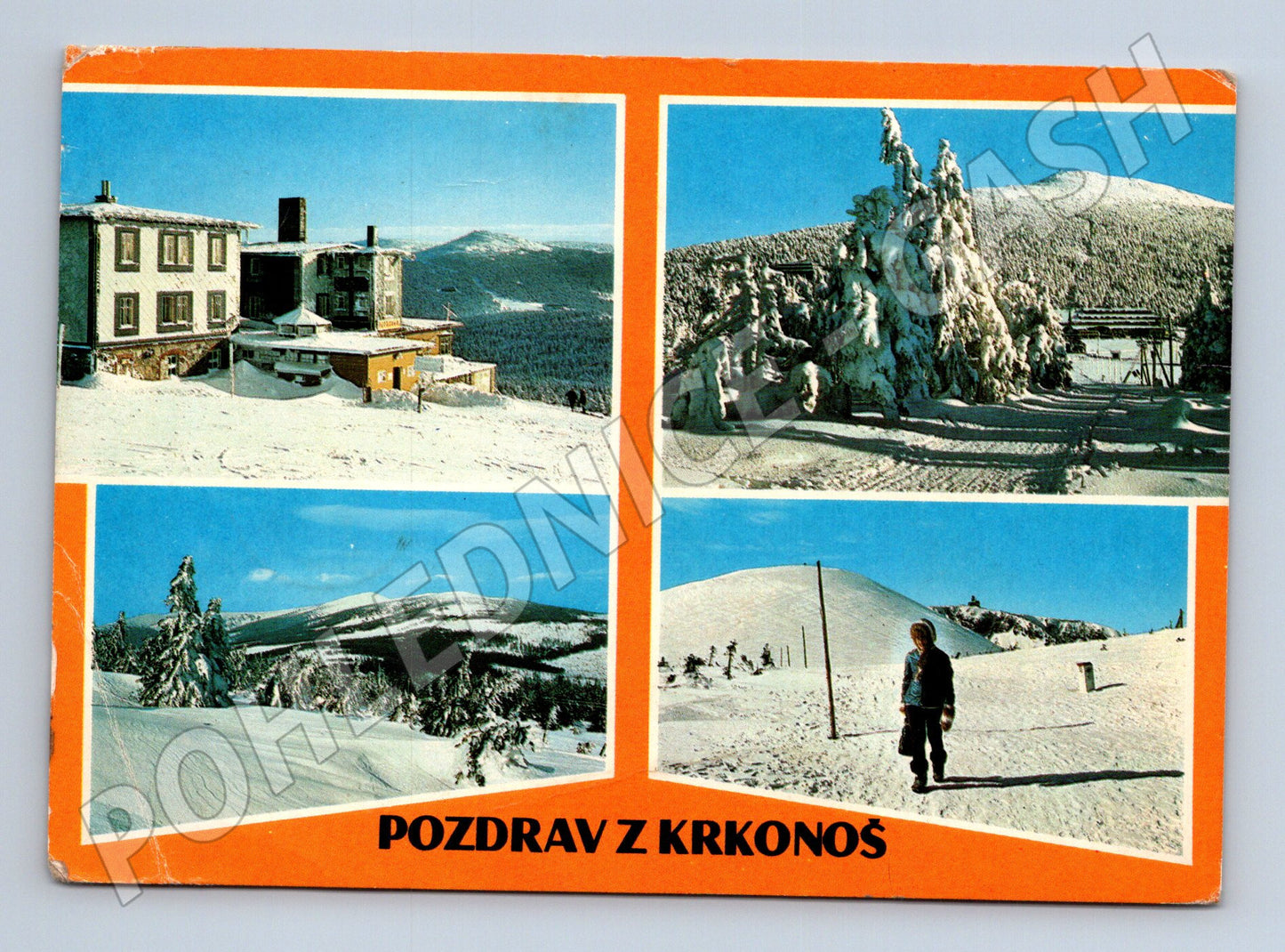 Pohlednice Krkonoše Petrova bouda lyžař 1977 (M27862)