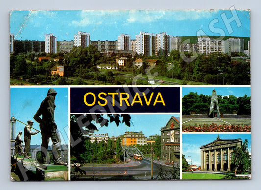 Pohlednice Ostrava koláž s horníky a památníkem 1979 (M27871)