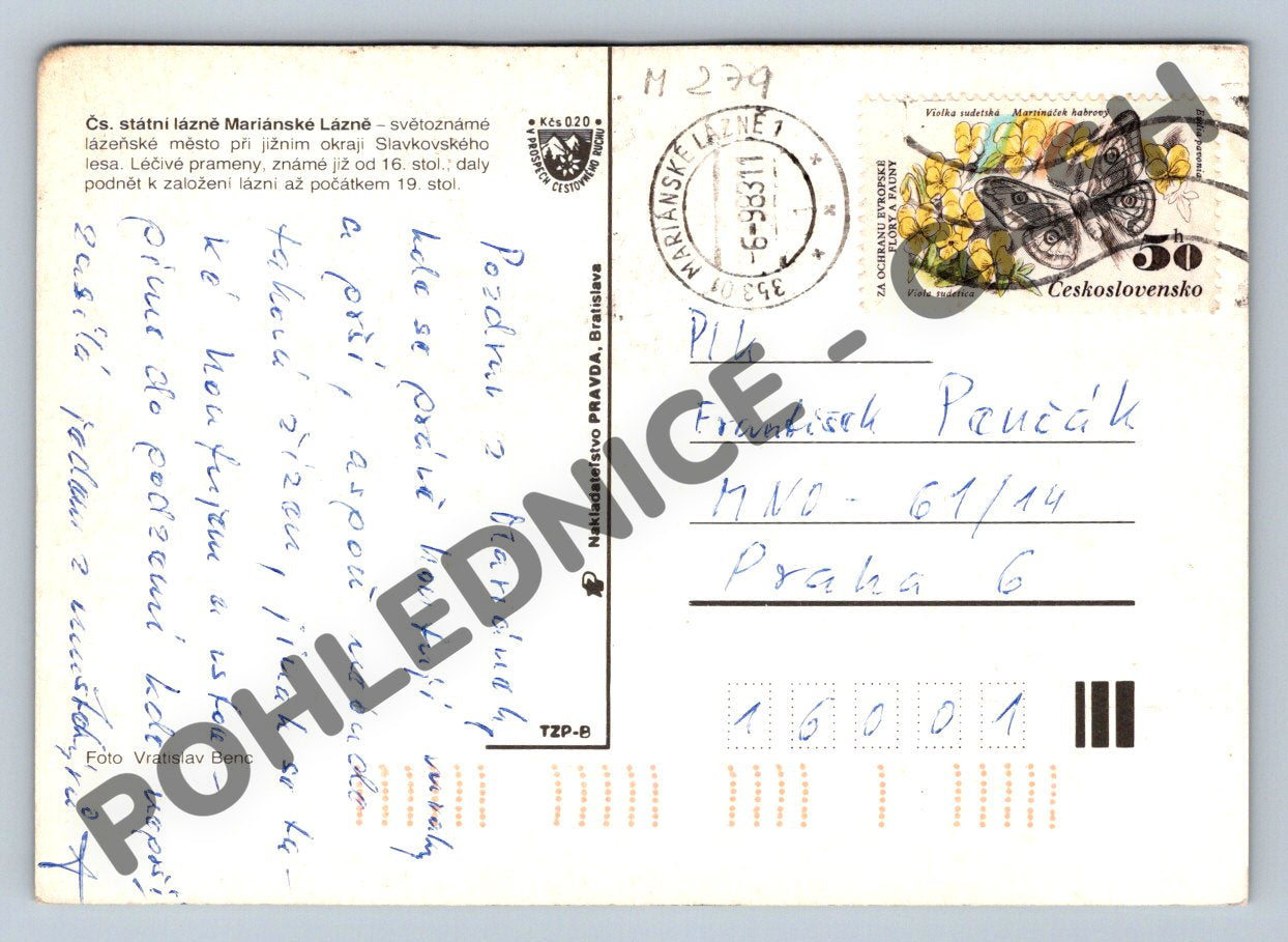 Pohlednice Mariánské Lázně – Československo, prošlá poštou (M279)