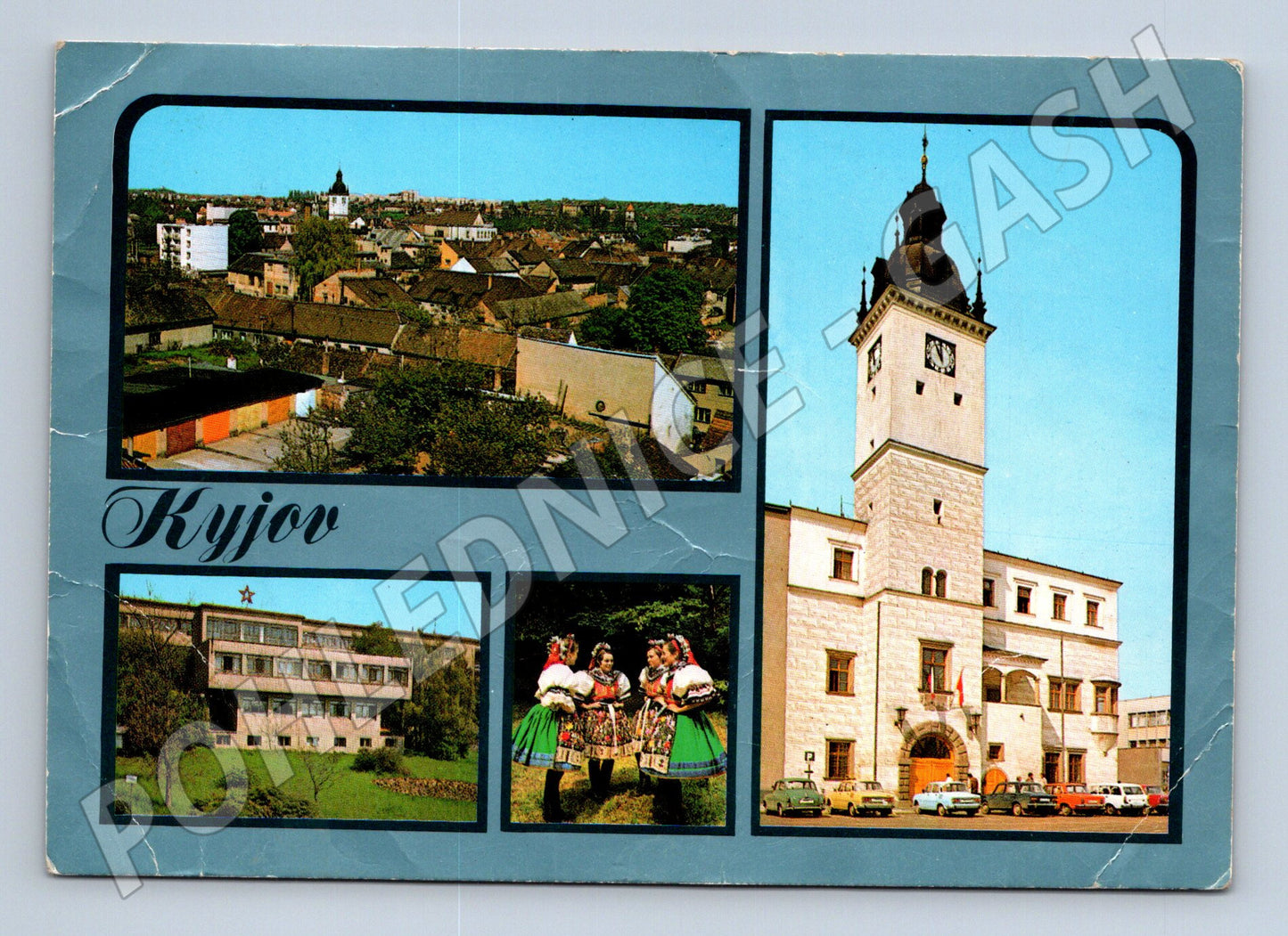 Pohlednice Kyjov radnice pohled na město a folklor 1983 (M27941)