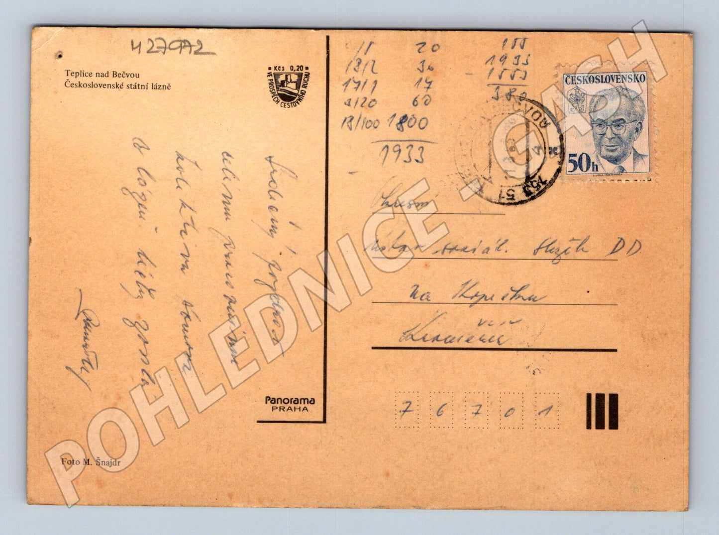Pohlednice Teplice nad Bečvou lázně park 1933 (M27972)