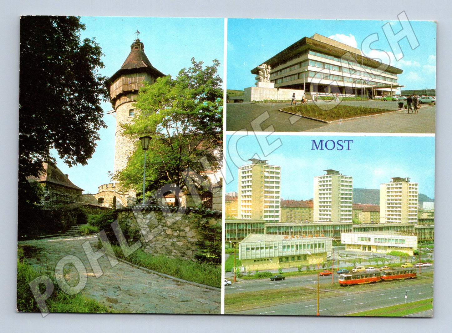 Pohlednice Most Hněvín a centrum s budovami a tramvají (M27978)