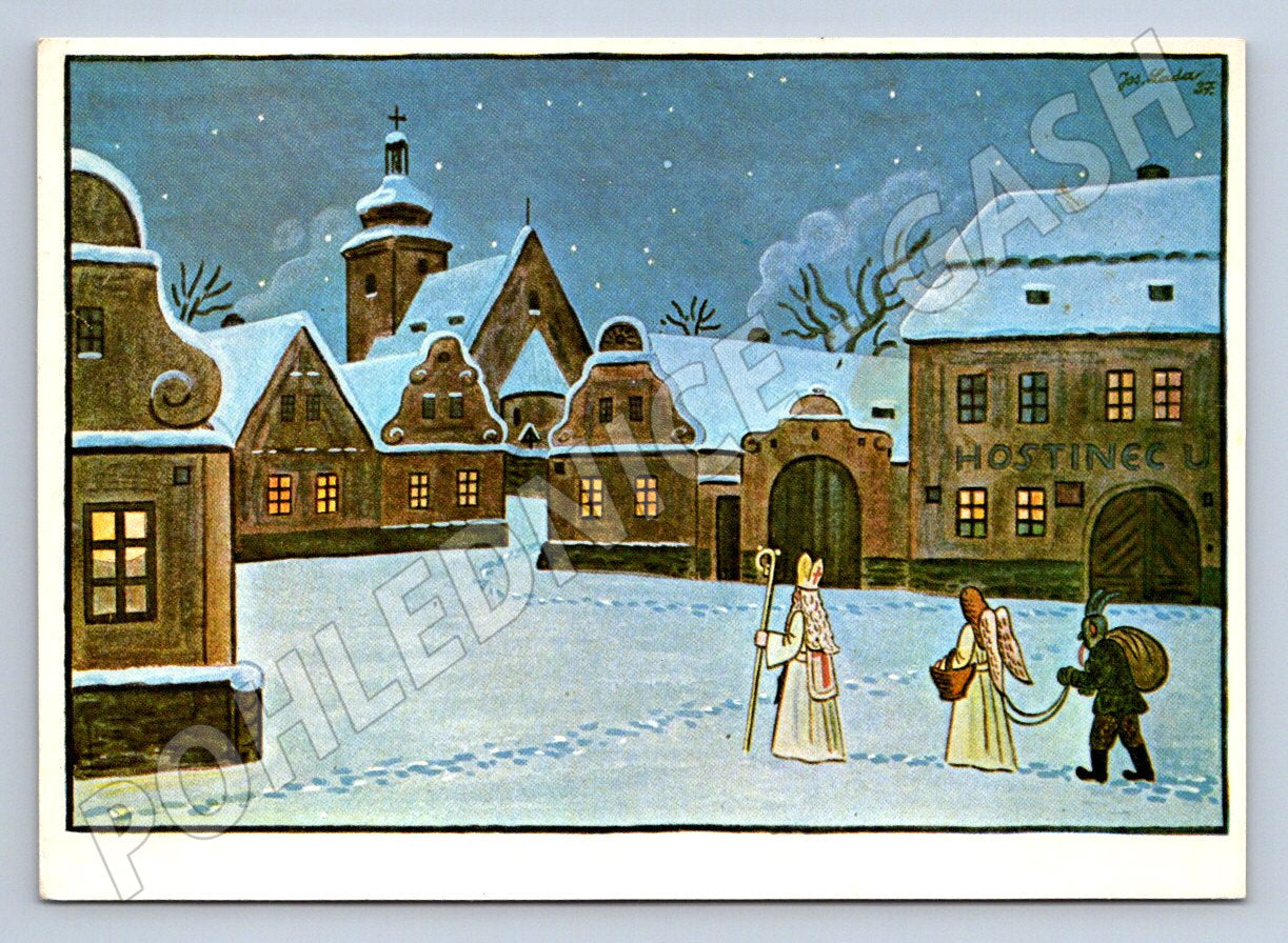 Postcard Josef Lada St. Nicholas angel and devil in the village (M2798)
