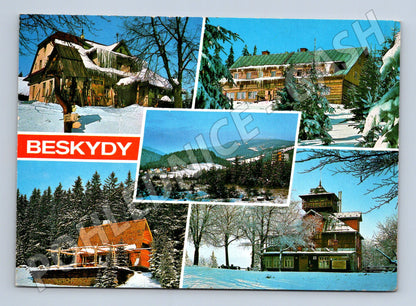 Pohlednice Beskydy zimní koláž horských chat (M27996)