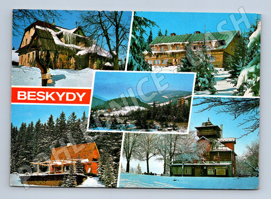 Pohlednice Beskydy zimní koláž horských chat (M27996)