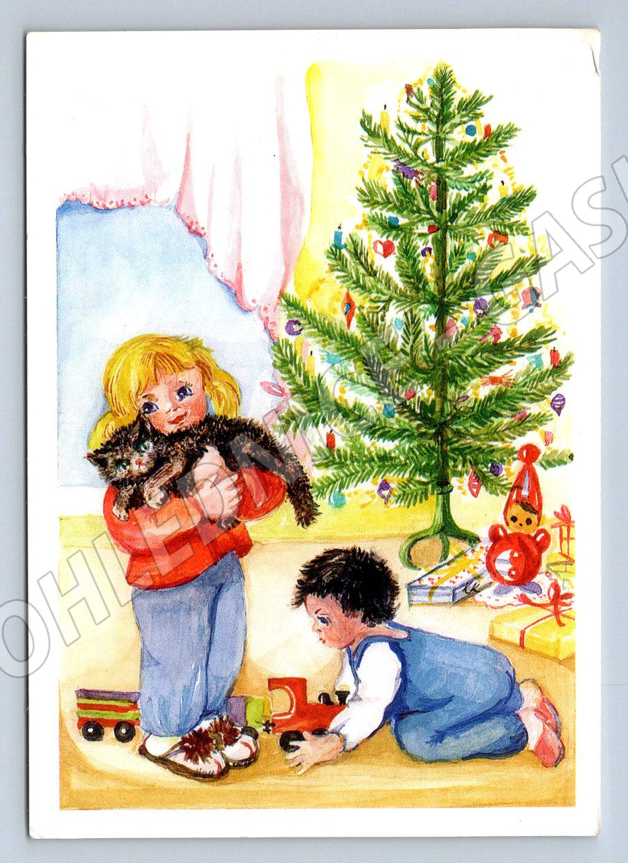 Postcard children and cat Merry Christmas (M2805)