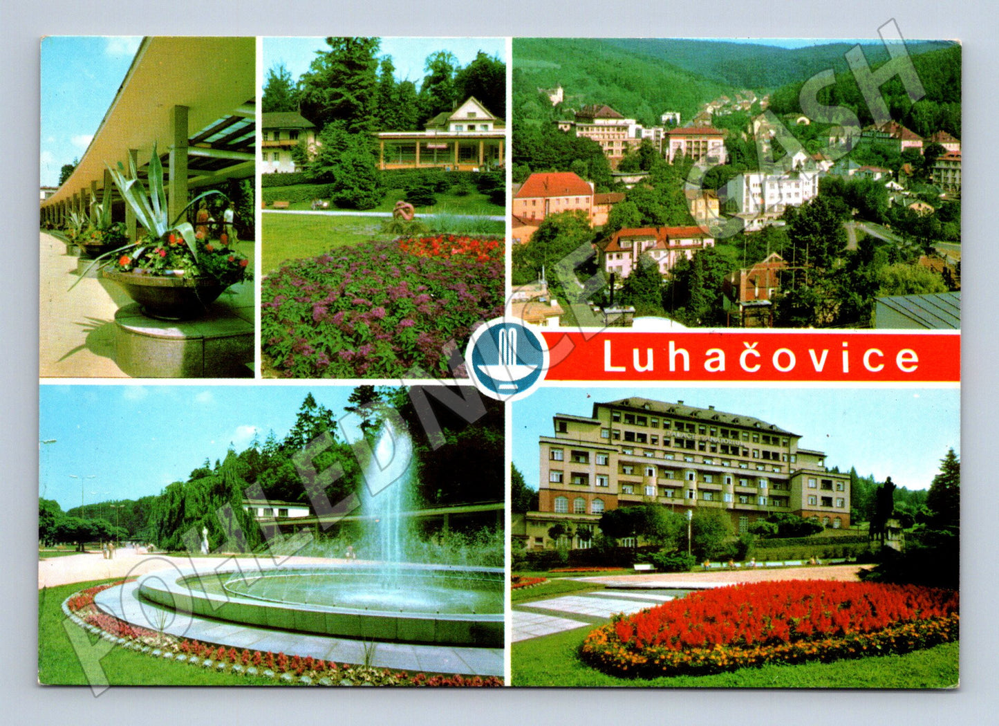 Pohlednice Luhačovice lázně fontána a panorama (M28075)