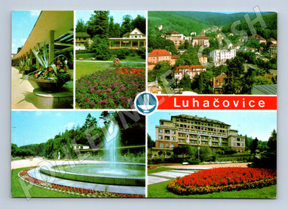 Pohlednice Luhačovice lázně fontána a panorama (M28075)