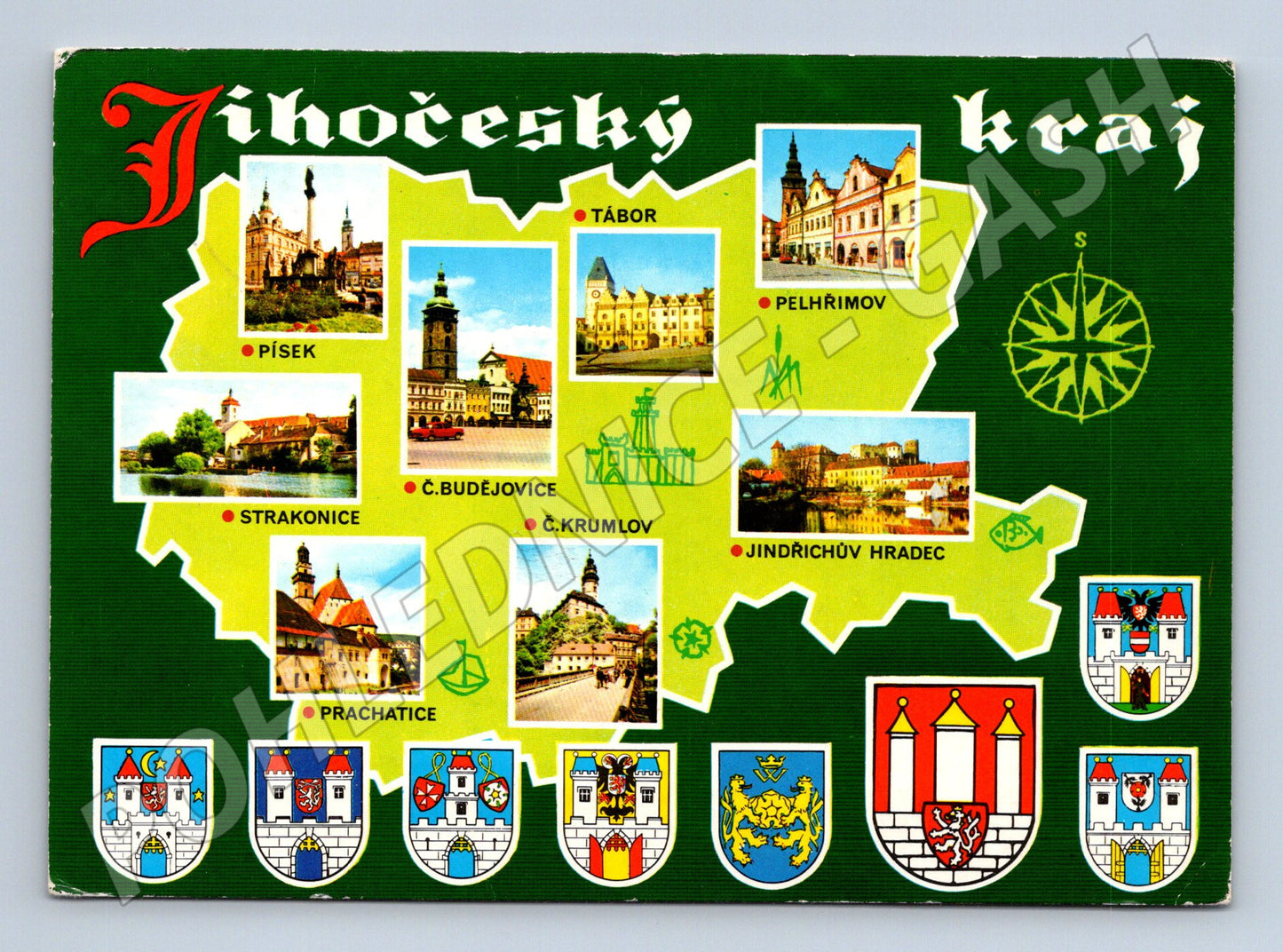 Pohlednice Jihočeský kraj mapa měst a znaků 1978 (M28136)