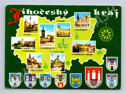 Pohlednice Jihočeský kraj mapa měst a znaků 1978 (M28136)
