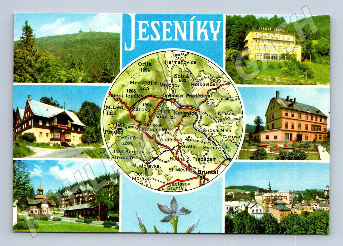 Pohlednice Jeseníky koláž s mapou (M28137)