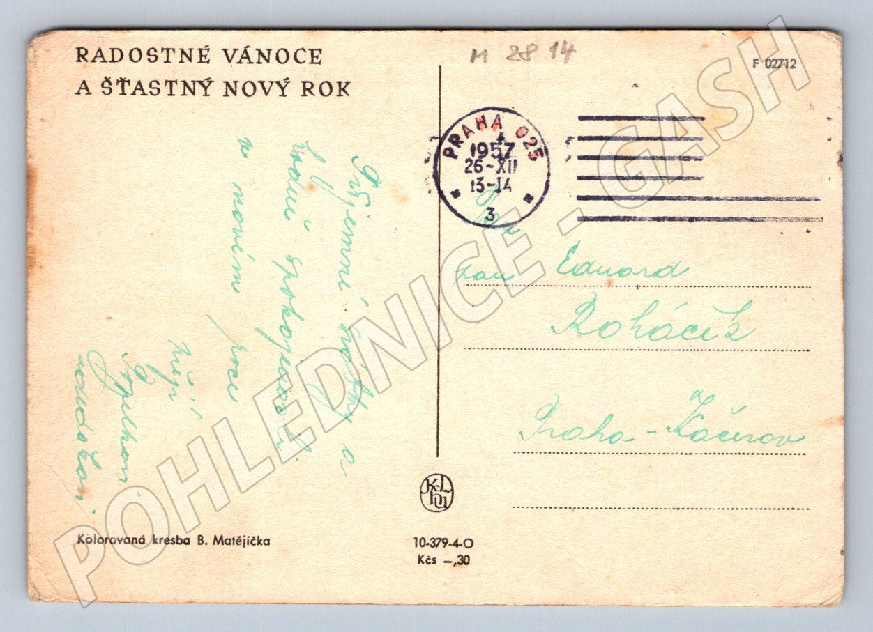 Postcard B Matějička Christmas drawing 1957 (M2814)