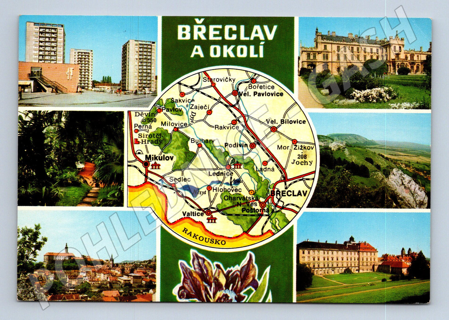 Pohlednice Břeclav a okolí koláž s mapou (M28146)