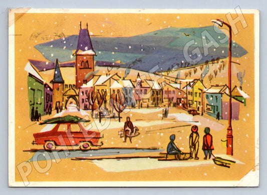 Postcard winter city illustration Czechoslovakia 1965 (M2829)