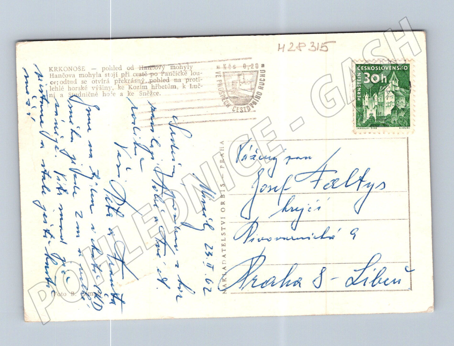Pohlednice Krkonoše Hanova mohyla zima 1962 (M28315)