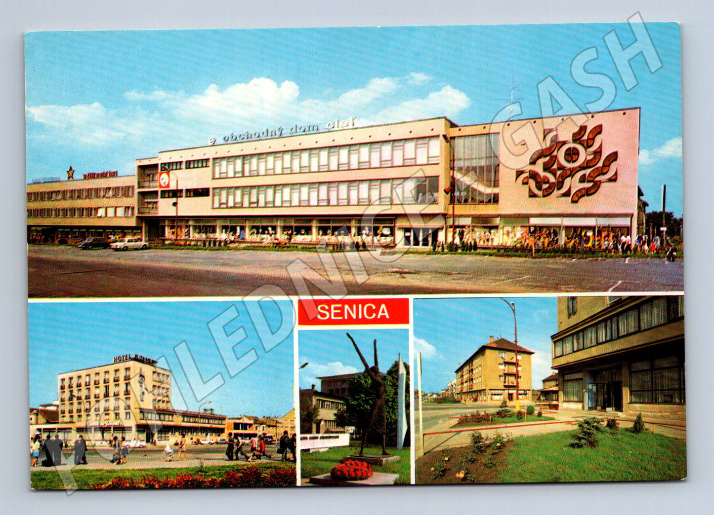 Pohlednice Slovensko Senica obchodní dům a město (M28442)