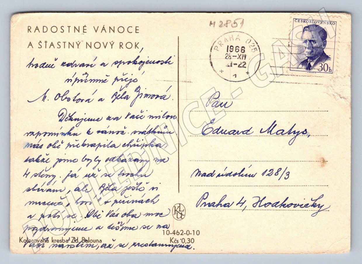 Painted Christmas postcard with winter motif 1966 (M2851)