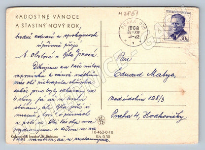 Painted Christmas postcard with winter motif 1966 (M2851)