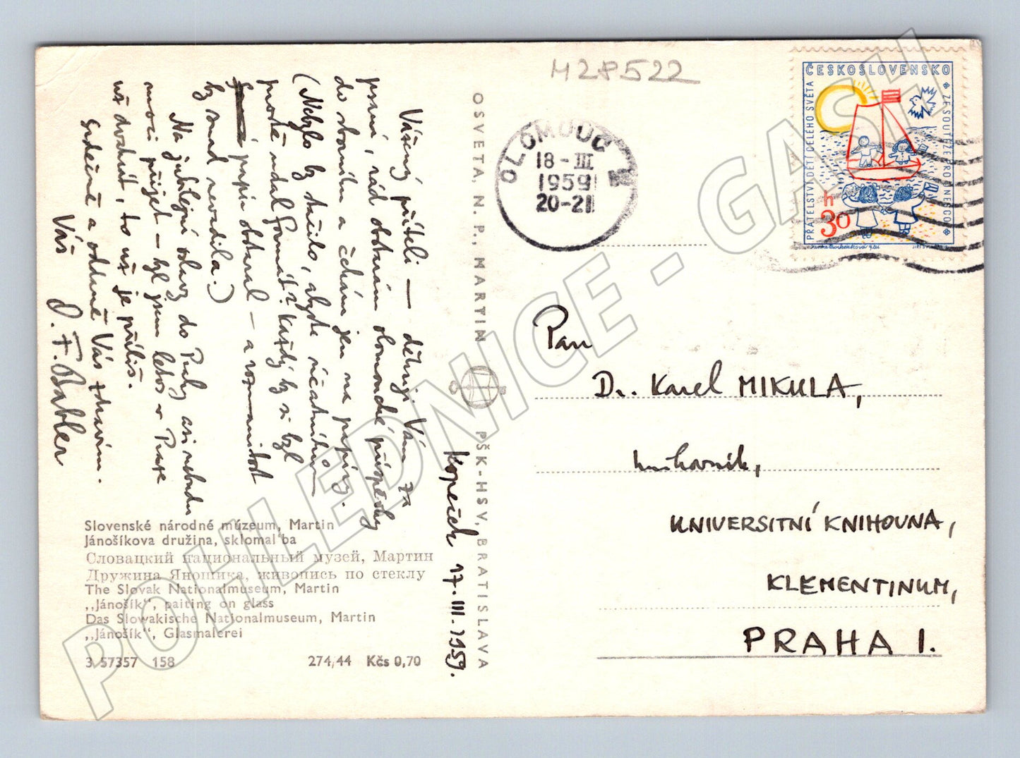 Pohlednice Slovensko Jánošíkova družina sklomalba 1959 (M28522)