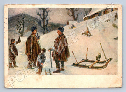 Postcard sleigh and cat winter motif 1956 (M2857)