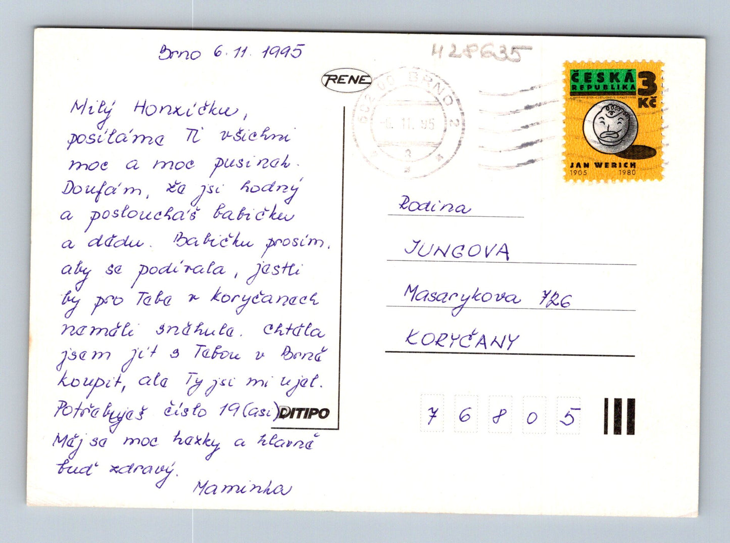Pohlednice kreslená liška s košíkem hub 1995 (M28635)