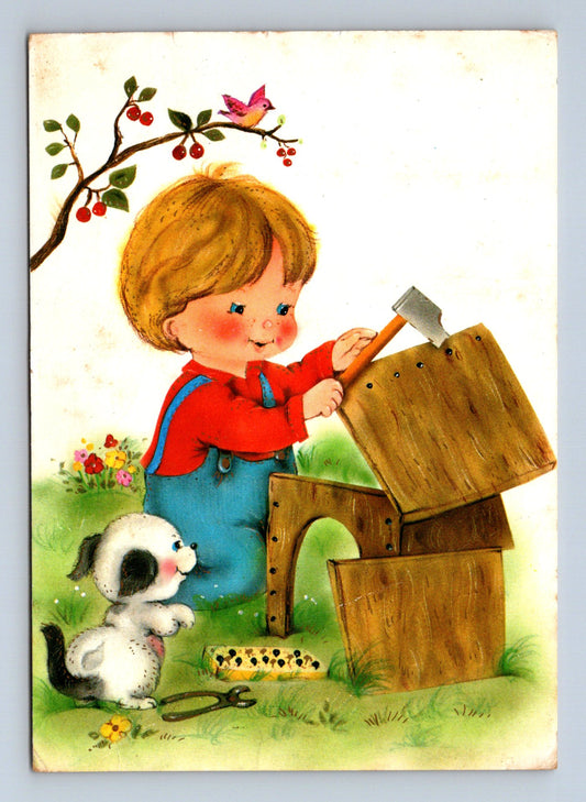 Pohlednice ilustrace chlapec s kočkou 1995 (M28639)