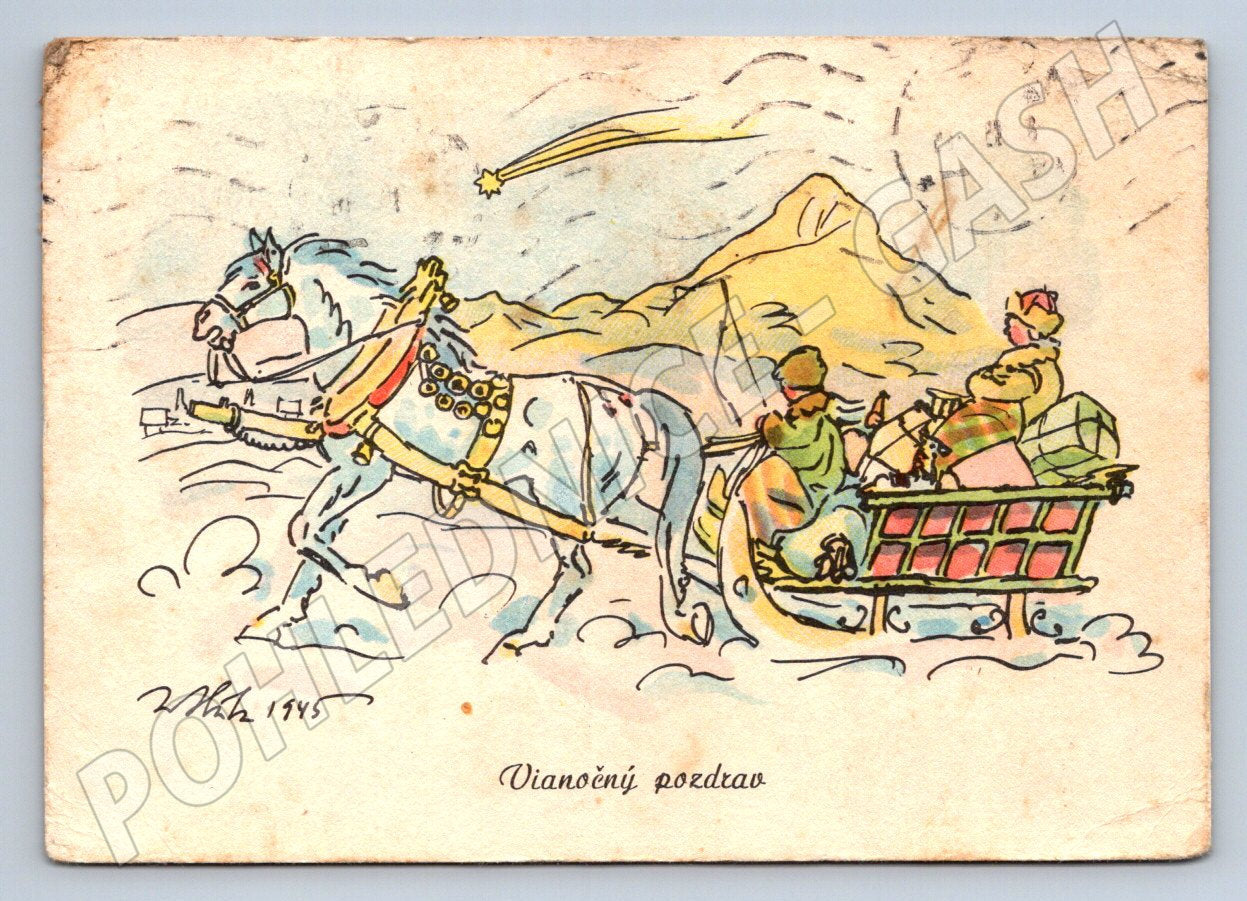 Postcard horse-drawn transport Christmas 1945 (M2864)
