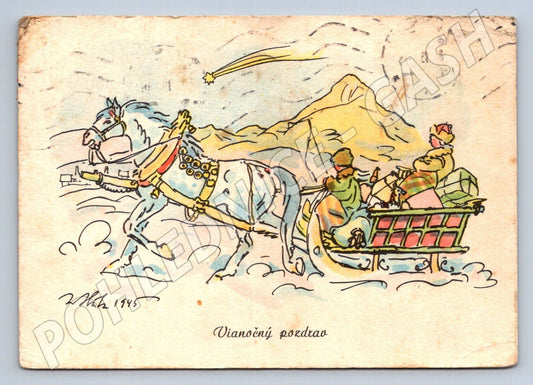 Postcard horse-drawn transport Christmas 1945 (M2864)