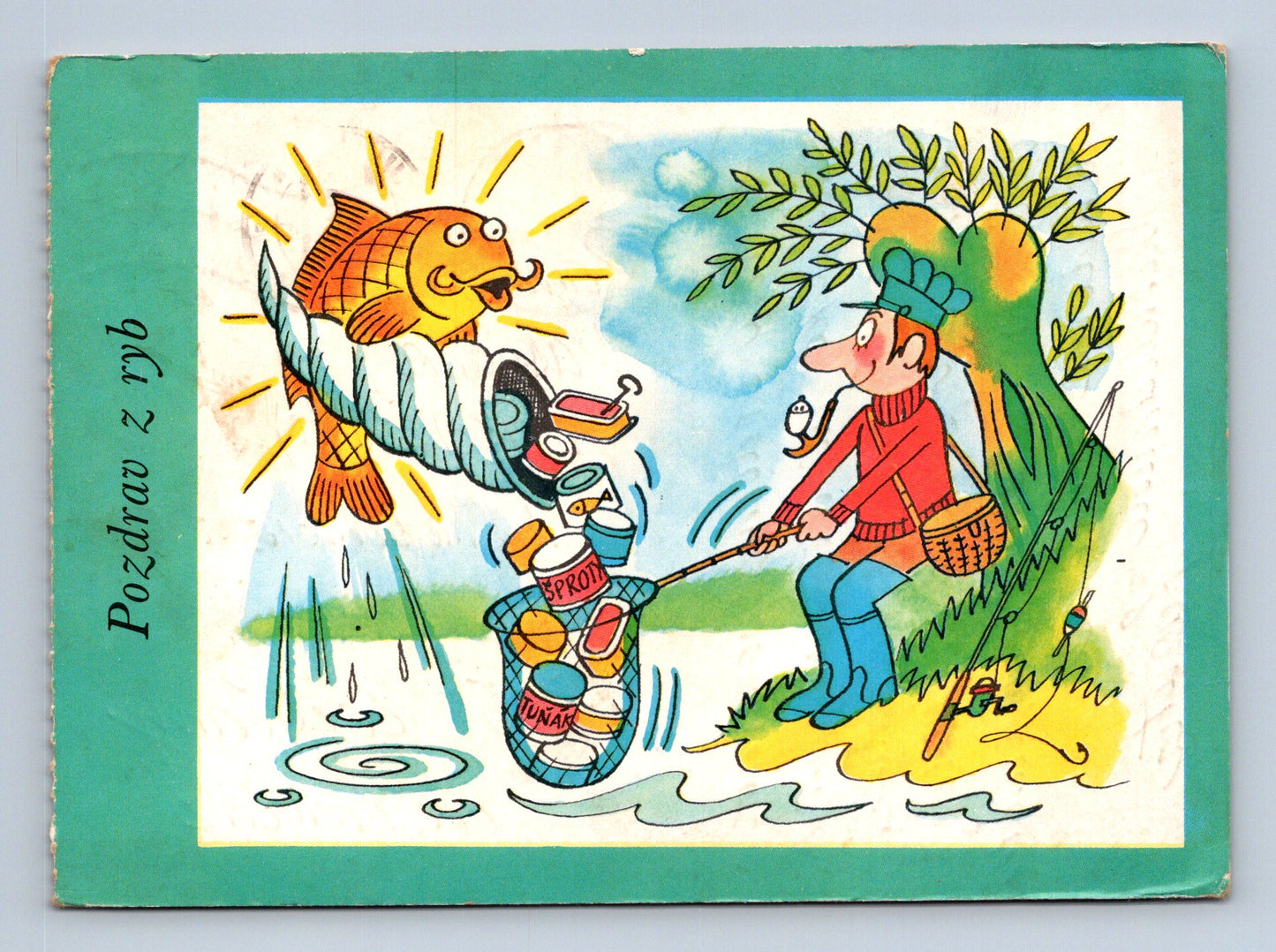 Pohlednice rybář s neobvyklým úlovkem 1969 (M28643)