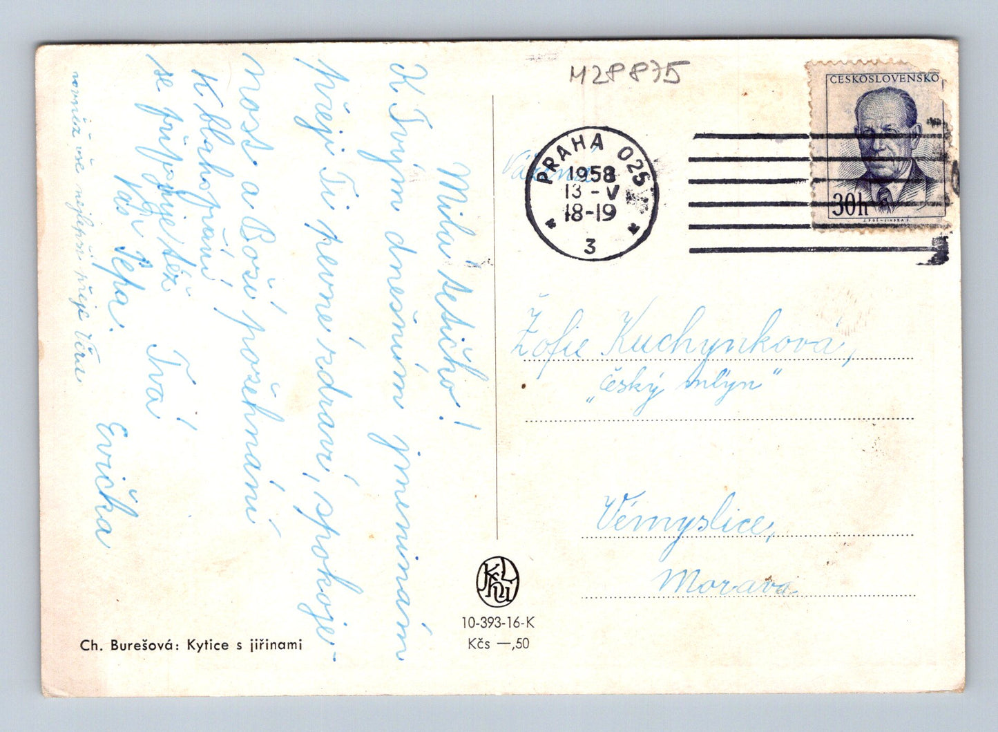 Pohlednice Kytice s jiřinami 1958 (M28875)
