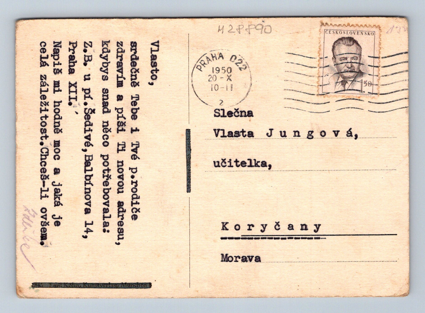 Pohlednice dívka se psem a dortem 1950 (M28890)