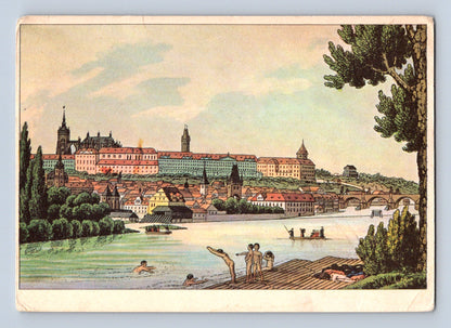 Pohlednice Praha Hradčany a Vltava s plavci (M28899)